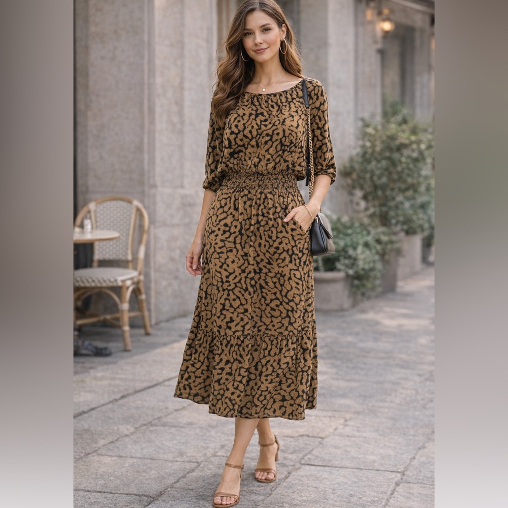 H&M Animal Print Midi Dress Smocked Waist Boho XS